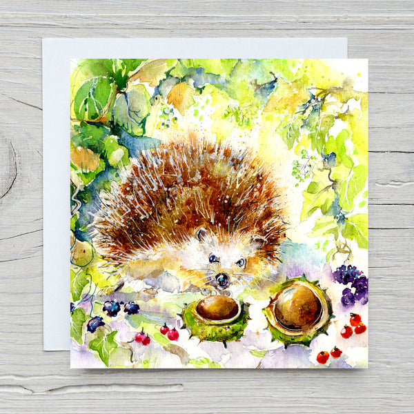 Charming cute little garden Hedgehog Greeting Card Watercolour painting by sheila gill with envelope