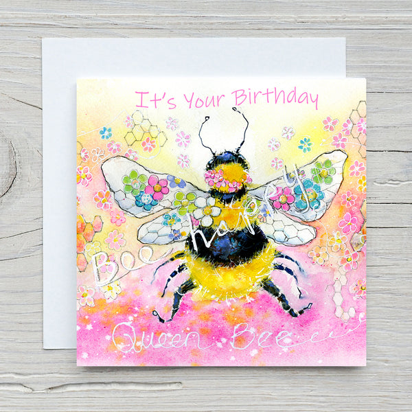 Bee Happy Greeting Card Artist painted fun bumble bee card for a birthday greeeting