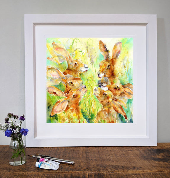 All Ears - Brown Hares Art Print designed by artist Sheila Gill