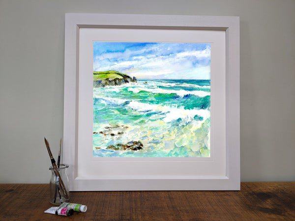 Aqua Seas of Treyarnon, Cornwall Framed seascape Art Print designed by artist Sheila Gill