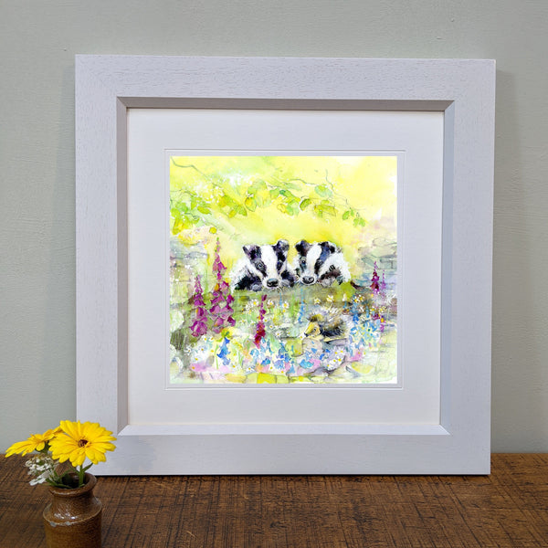 Badgers Art Picture framed designed by artist Sheila Gill