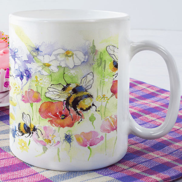 Bees in a Meadow China Mug Watercolour painted designed by artist Sheila Gill