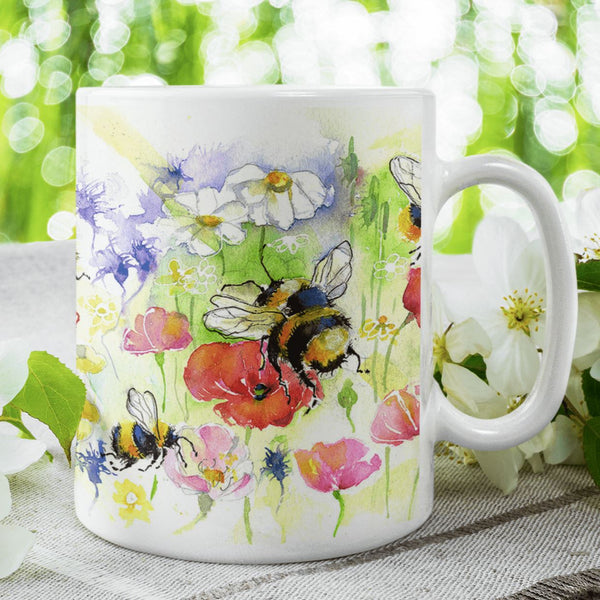 Bees In A Meadow Ceramic Mug designed by artist Sheila Gill