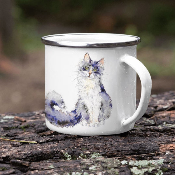 Black and White Cat Enamel Mug designed by artist Sheila Gill