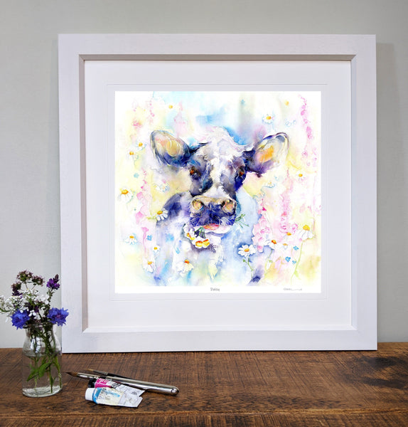 Black and White Cow Framed Picture farmyard themed interior design designed by artist Sheila Gill