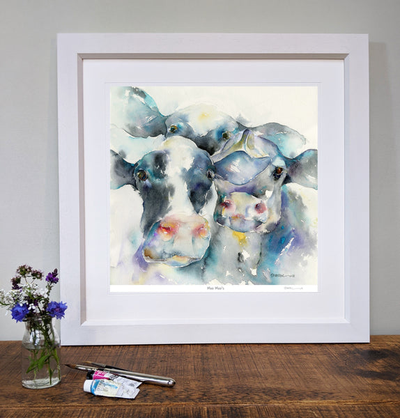 Black and White Cows Art Print Framed rustic interior designed by artist Sheila Gill