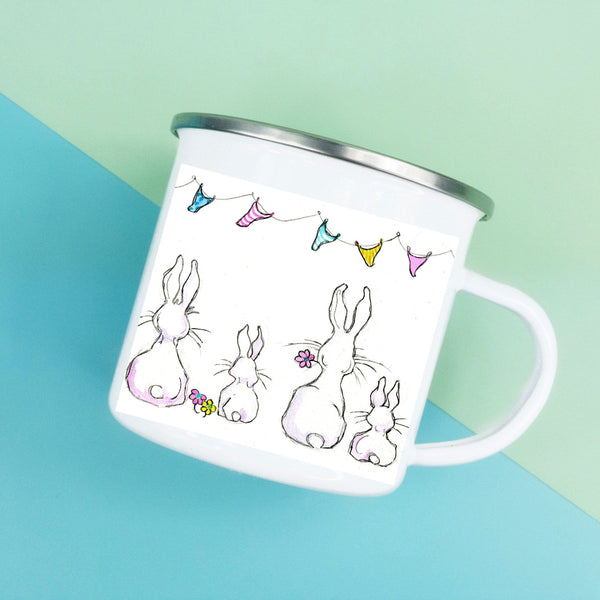 Cute White Bunny Rabbits Enamel Tin Mug designed by artist Sheila Gill
