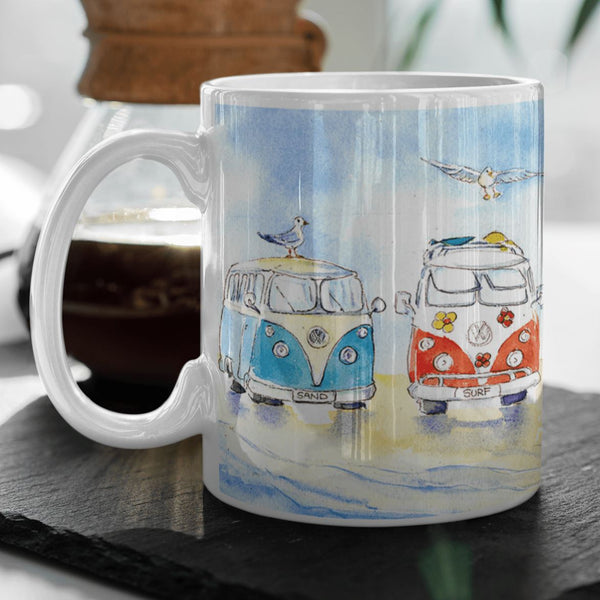 Vintage Beach Campervan Ceramic Mug designed by artist Sheila Gill
