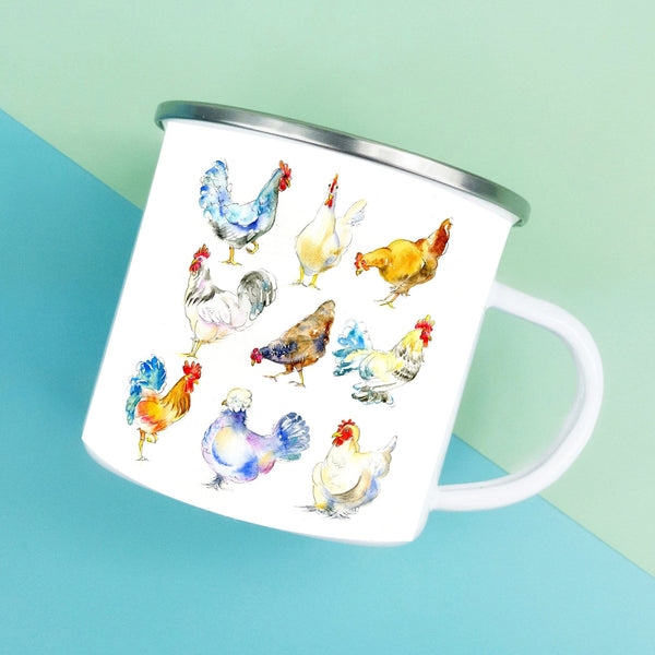 Chicken Enamel Mug designed by artist Sheila Gill