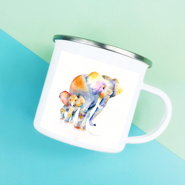 Wild Elephants Enamel Tin Mug designed by artist Sheila Gill