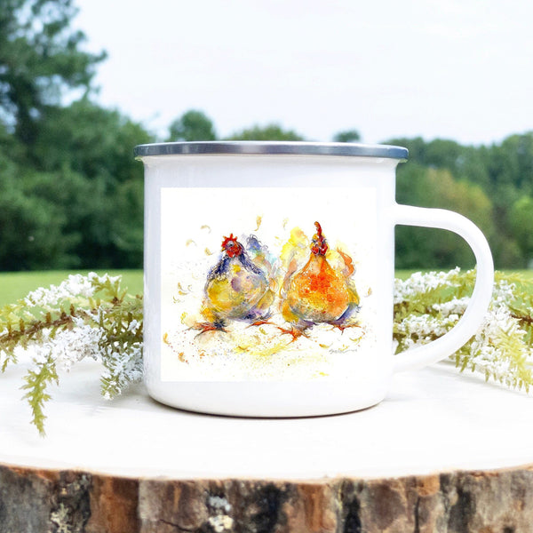 Chickens Enamel Mug designed by artist Sheila Gill