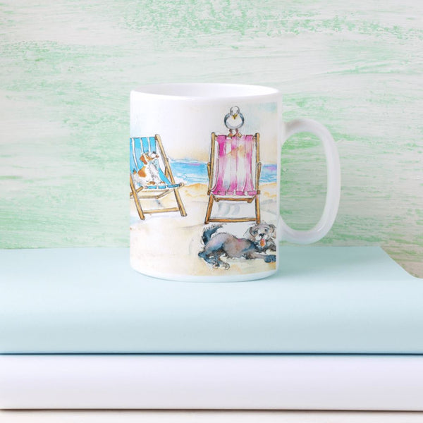 Dogs and Deckchairs on the beach Ceramic Mug designed by artist Sheila Gill