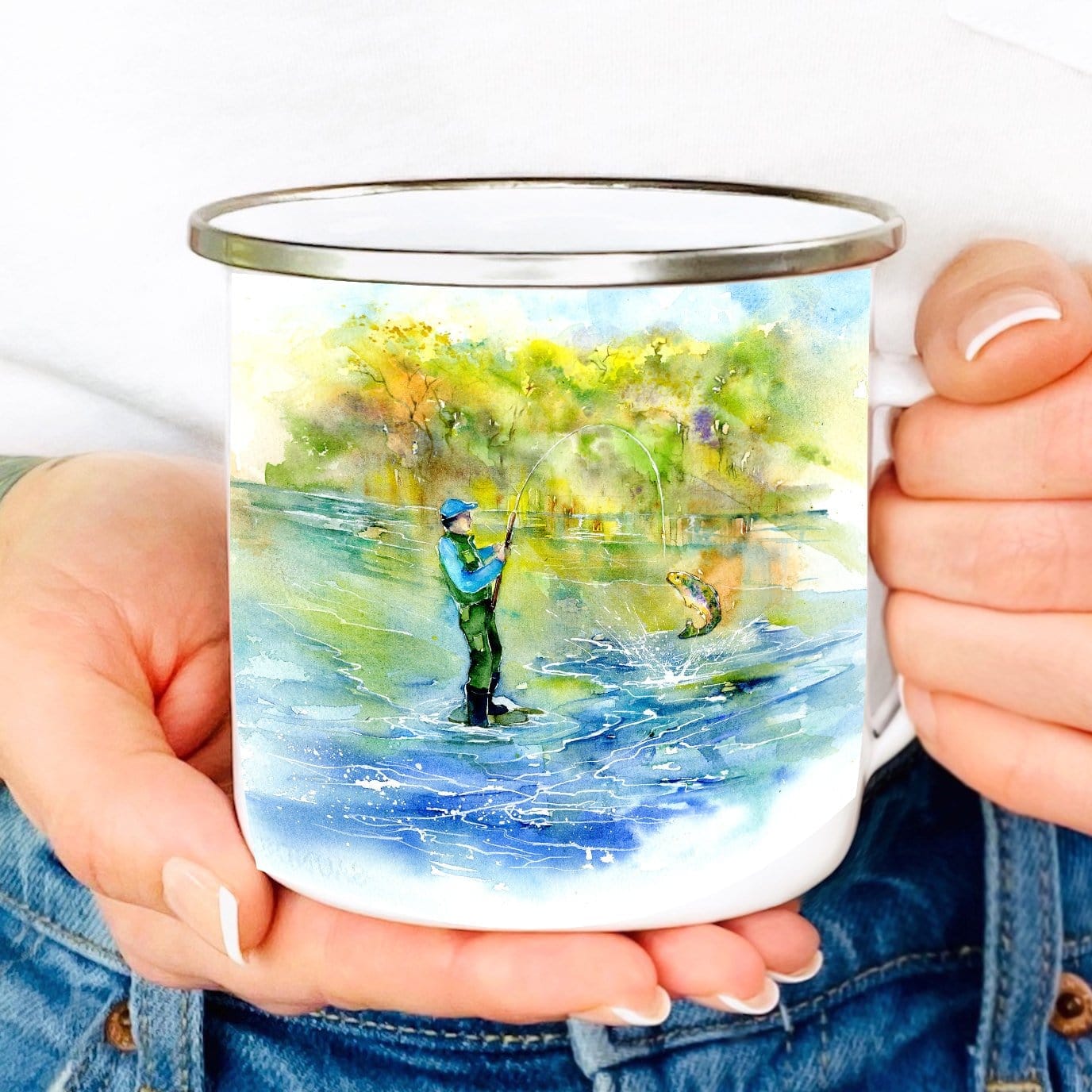 Gone Fishing Enamel Tin Mug designed by artist Sheila Gill
