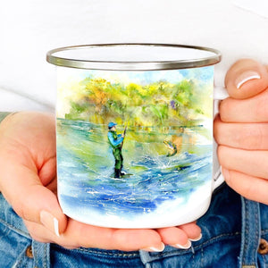 Gone Fishing Enamel Tin Mug designed by artist Sheila Gill
