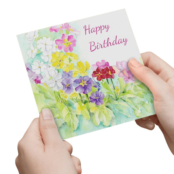 Happy Birthday Primulas Greeting Card designed by artist Sheila Gill