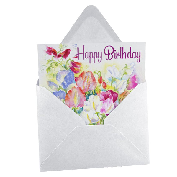 Happy Birthday Sweet Peas Greeting Card designed by artist Sheila Gill