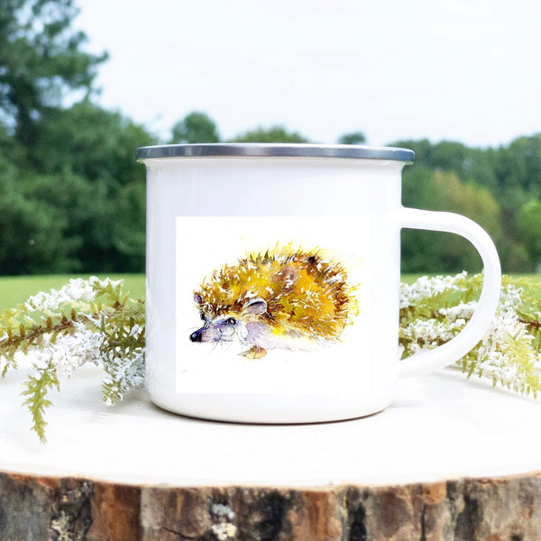 Hedgehog Enamel Mug designed by artist Sheila Gill
