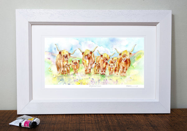 Framed Scottish Highland Cows Art Print Animal interior design painted by artist Sheila Gill