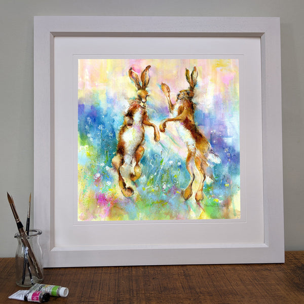 Dancing Hares Art Print designed by artist Sheila Gill