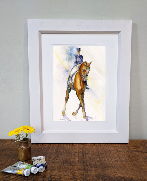 Horse Half Pass Dressage Art Print designed by artist Sheila Gill