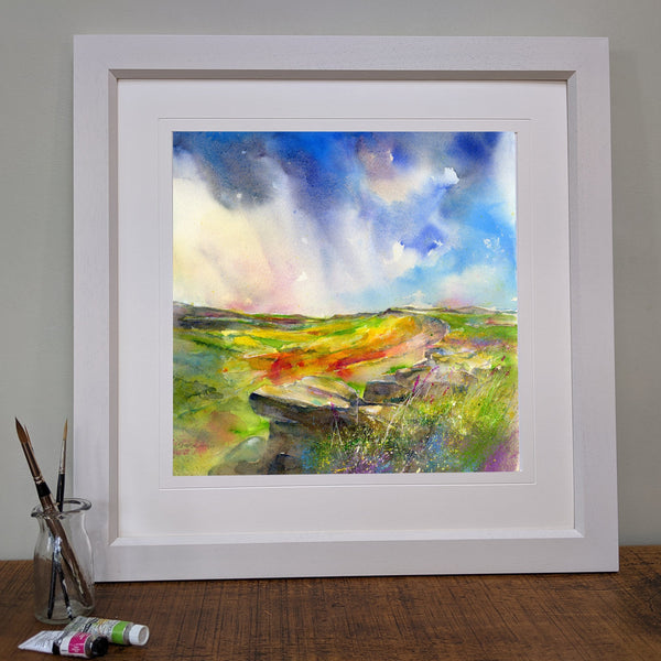 Incoming Rain - Stanage Edge, Peak District Landscape Framed Art Print by artist Sheila Gill