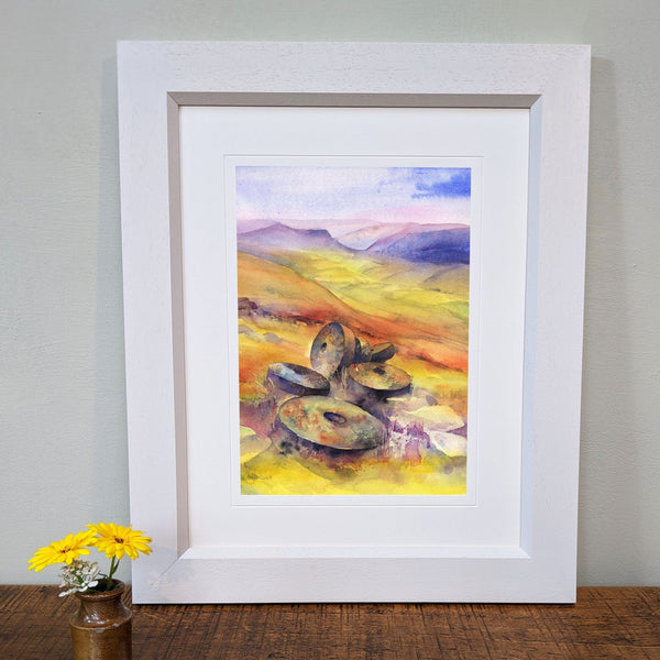 Millstones on Stanage Edge, Peak District Landscape Framed Art Print painted by artist Sheila Gill