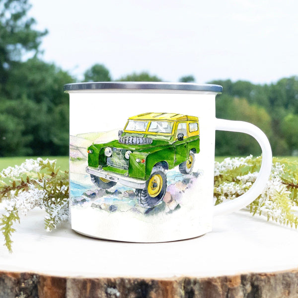 4x4 Off-Road Vehicle Enamel Mug designed by artist Sheila Gill