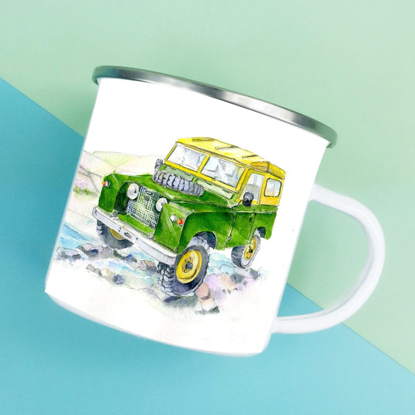 Off-Road Vehicle Enamel Mug designed by artist Sheila Gill