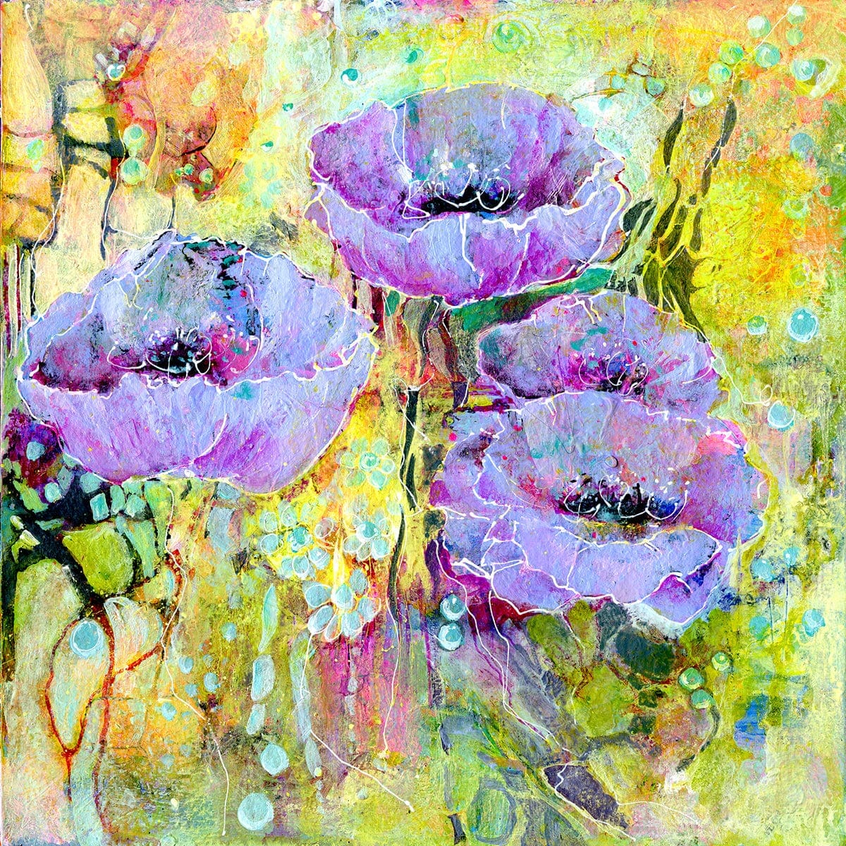 Purple Poppy Flowers Greeting Card Watercolour contemporary painted designed by artist Sheila Gill