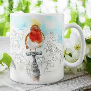 Red Robin Garden song bird China Mug designed by artist Sheila Gill