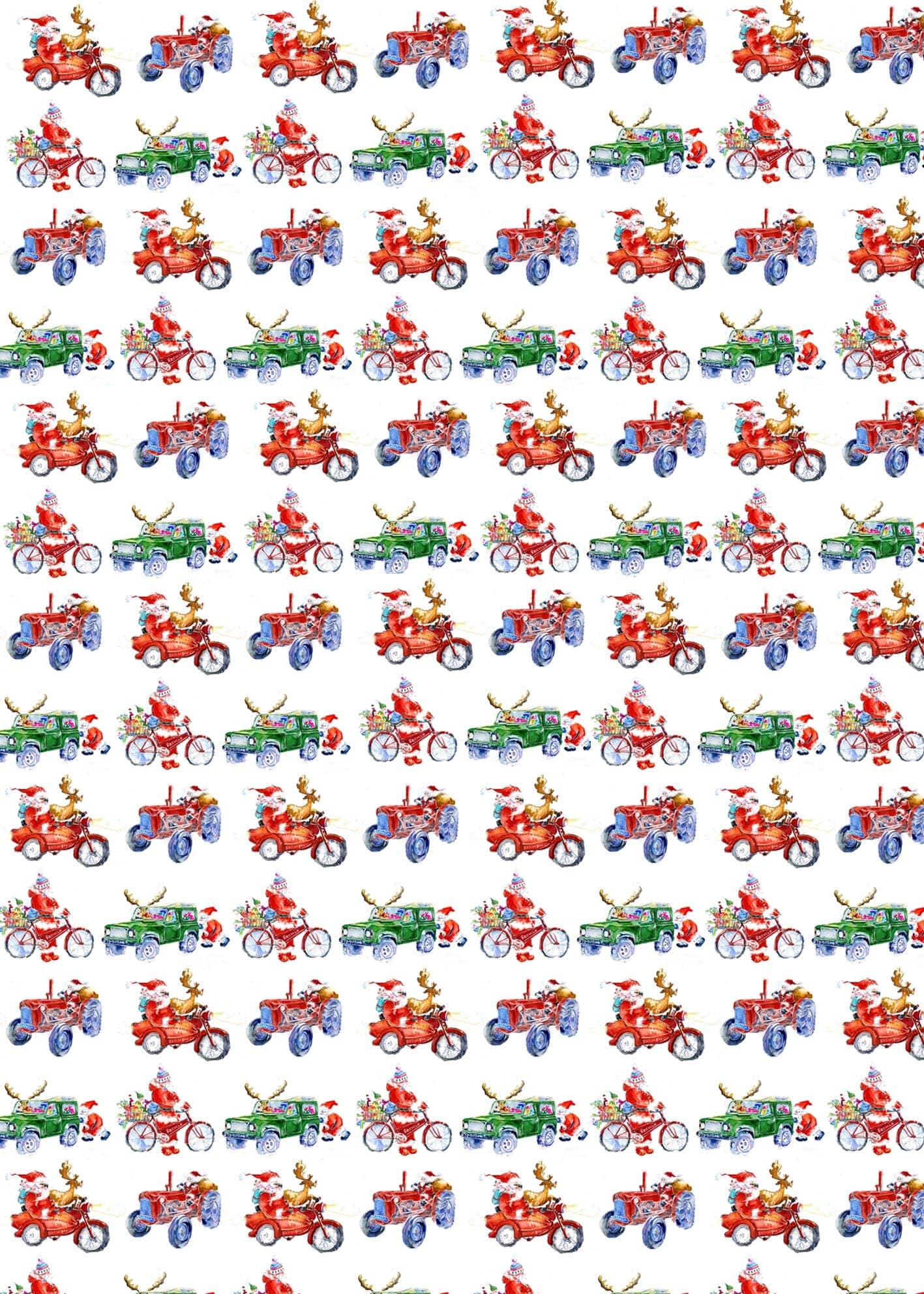 Santa's Christmas Vehicles Gift Wrap designed by artist Sheila Gill
