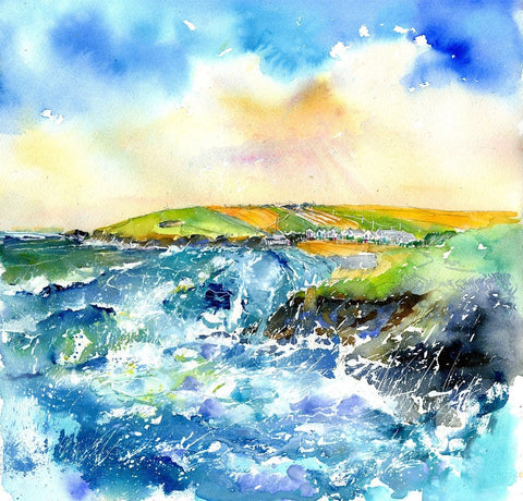 Trevone Bay, Cornwall - Seascape Art Print designed by artist Sheila Gill
