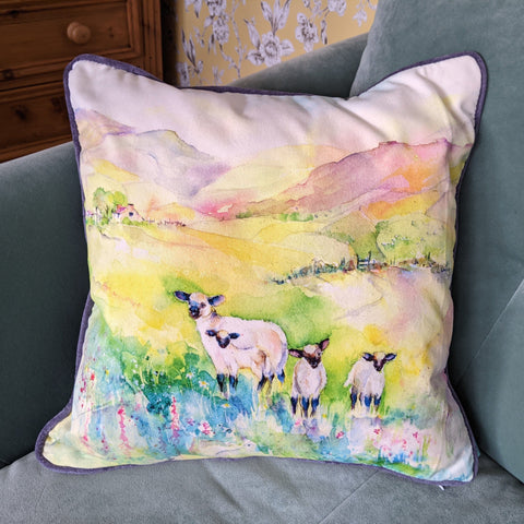 Complete with Synthetic Pad Spring Meadow Sheep Cushion Sheila Gill Fine Art
