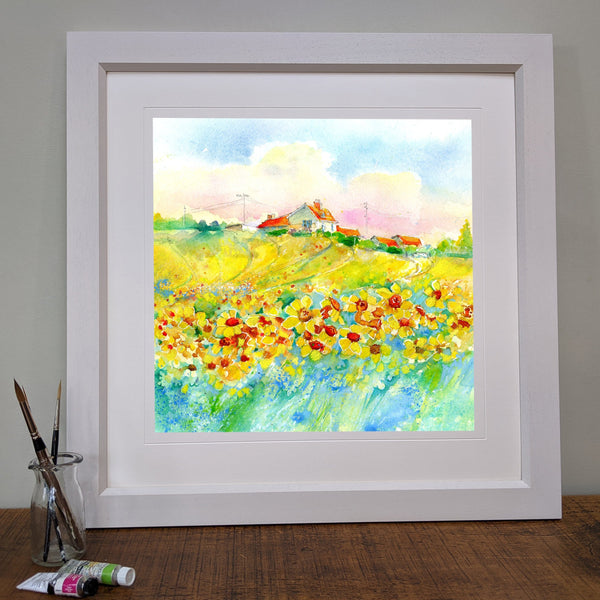 Sunflower Field Framed interior design Art Print designed by artist Sheila Gill