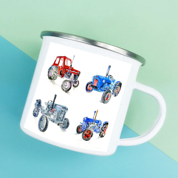 Vintage Farmyard Tractors Enamel Mug designed by artist Sheila Gill