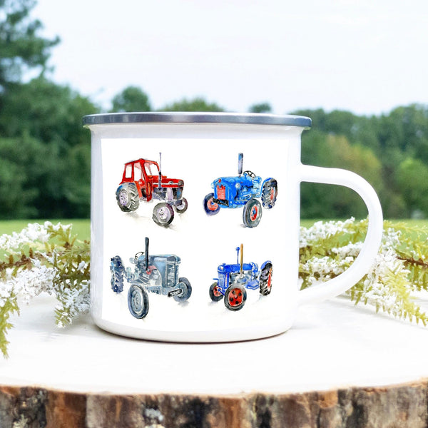 Vintage Tractors Enamel Mug designed by artist Sheila Gill