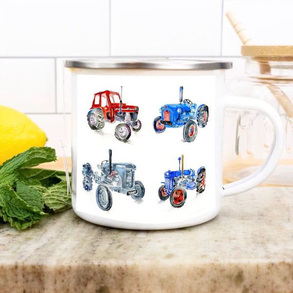 Vintage Tractors Enamel Mug designed by artist Sheila Gill
