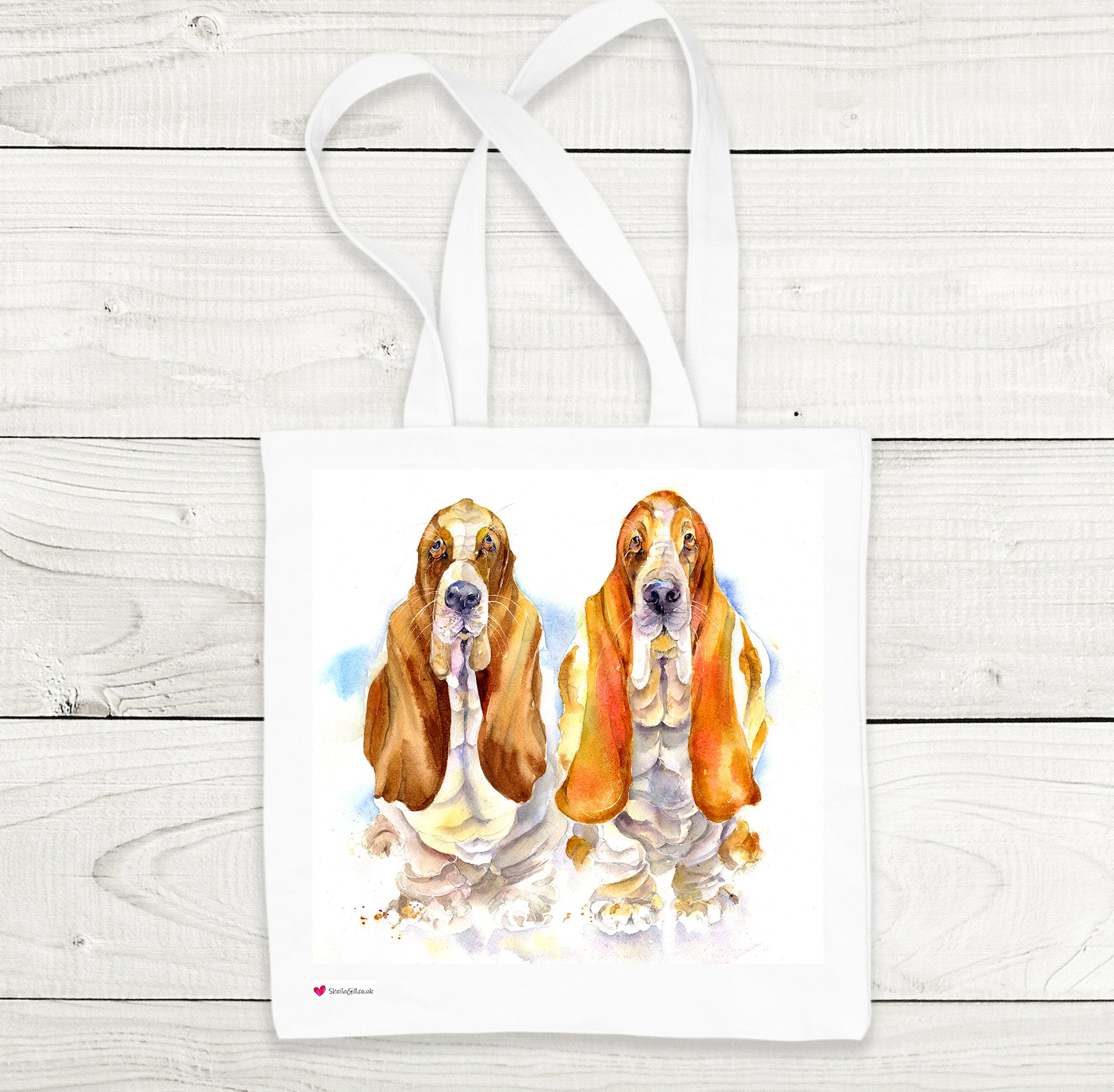 Two Basset Hounds Printed on a White Tote Bag