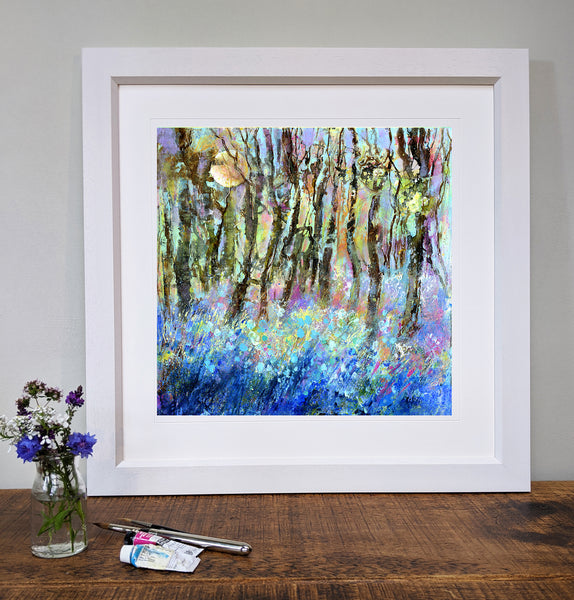 bluebells by moonlight framed in white wood artwork for the home artwork by sheila gill