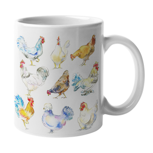 Colourful farmyard Chicken Mug Feathered Friends Collection watercolour painting sheila gill
