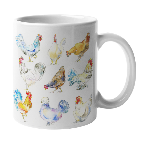 Colourful farmyard Chicken Mug Feathered Friends Collection watercolour painting sheila gill
