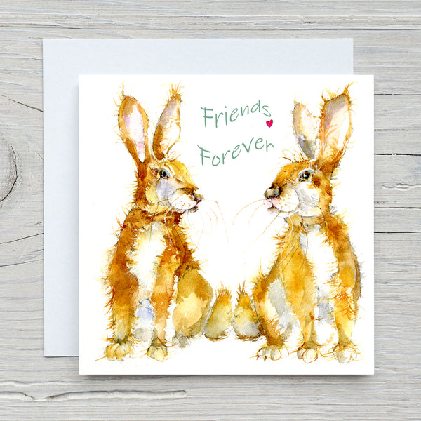 Friends Forever Greeting Card Bunny Rabbits Artist painted watercolour image