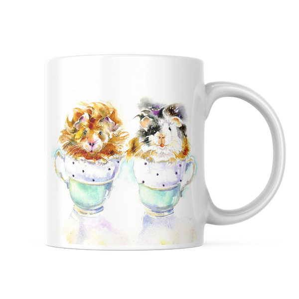 Pet bron and white Guinea Pigs Ceramic Mug artist painted watercolour designed by artist Sheila Gill