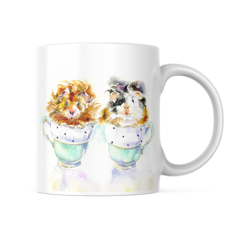 Pet bron and white Guinea Pigs Ceramic Mug artist painted watercolour designed by artist Sheila Gill