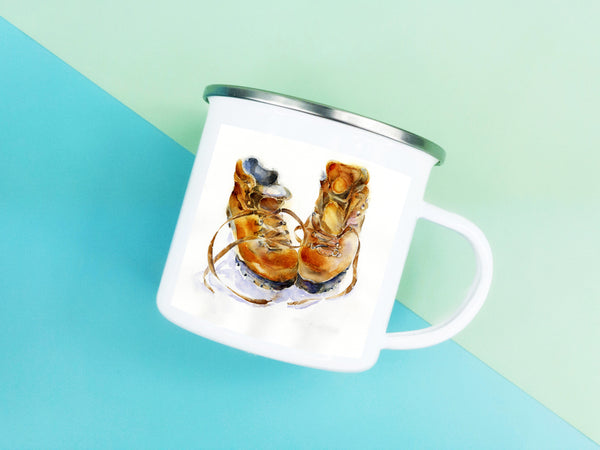 Walking Hiking Boots Enamel Tin Mug designed by artist Sheila Gill