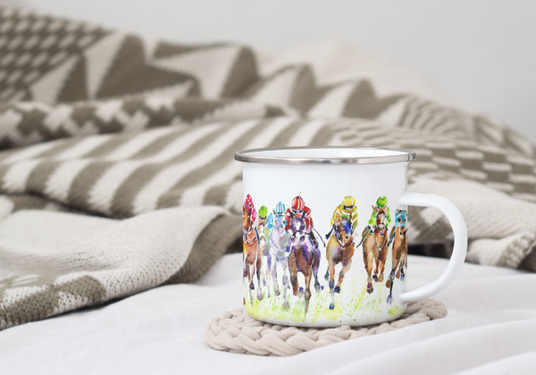 Horse Racing Enamel tin Mug Watercolour painted image designed by artist Sheila Gill