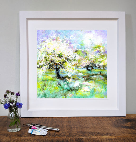 Mayblossom landscape art print by UK artist Sheila Gill Framed in white wood picture frame