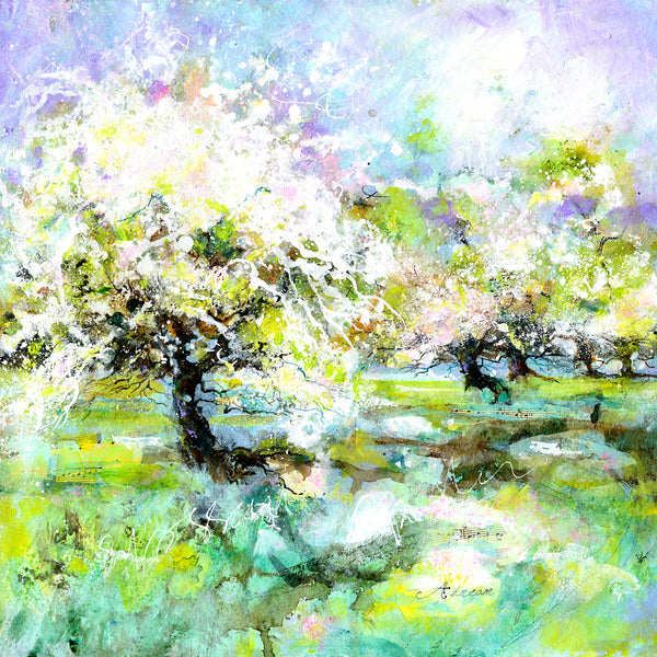 May Blossom Landscape Greeting Card Artist painted meadow scene by sheila gill