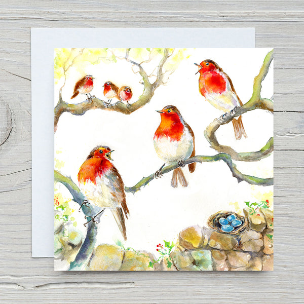Robin Garden song Bird Greeting Cards Artist painted watercolour by sheila gill. with Envelope