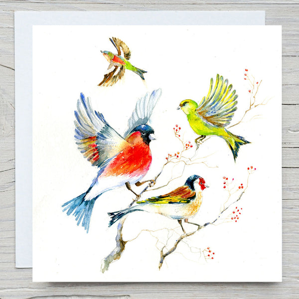 Garden Finches Birds watercolour painted image by sheila gill Greeting Card with envelope